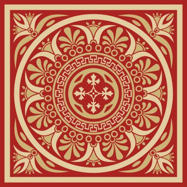 Kırmızı klasik Yunan kare süslemeli vektör altın. Antik Yunan ve Roma İmparatorluğu dikdörtgeni. Bizans duvarları, zemin ve tavan resimleri. Avrupa saraylarının dekorasyonu