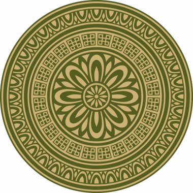 Klasik Yunan yeşili ve altın yuvarlak süsü. Vektör deseni, Antik Yunan çemberi. Avrupa sınırı - halka
