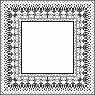 Vector Özbek siyah monokrom kare süsü. Türk dikdörtgeni, çerçeve. Orta Asi 'nin Kültür Mirası