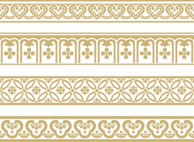 Vector golden set of seamless Chinese borders. Endless ornaments of oriental peoples, korea, taiwan, china, hong kong, indonesi