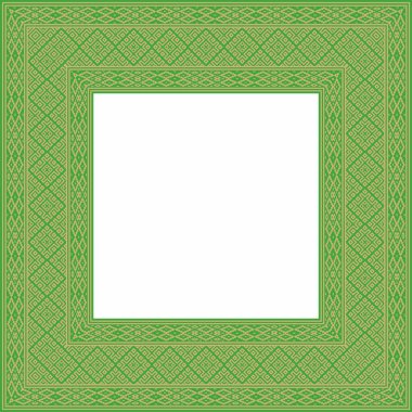 Vektör yeşil altın kare Belarus ulusal süs çerçevesi. Slav halkları, Rus, Ukraynalı, Sırp, Polonyalı, Bulgar etnik desenli dikdörtgen. Çapraz dikiş şablonu