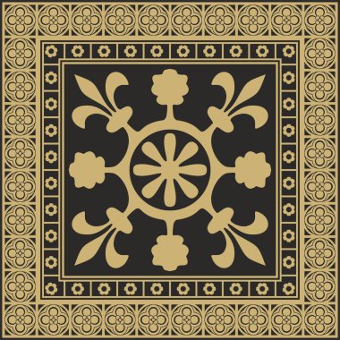 Siyah ve altın kareli gotik süs. Orta Çağ Avrupa dikdörtgeni, sınır. Klasik Almanların, Açılar, Saksonlar, Franklar.