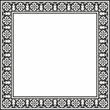 Vector monokrom siyah kare Türk ulusal süsü. Osmanlı sınırı, çerçeve. Etnik çiçek dikdörtgeni, Seljuk Türkleri deseni. Sultan 'ın sarayının dekorasyonu.