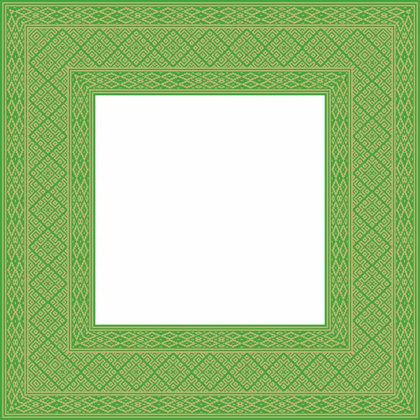 Vektör yeşil altın kare Belarus ulusal süs çerçevesi. Slav halkları, Rus, Ukraynalı, Sırp, Polonyalı, Bulgar etnik desenli dikdörtgen. Çapraz dikiş şablonu