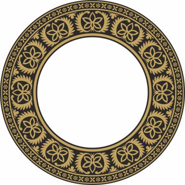 Vector yuvarlak altın ve siyah Hint ulusal süsü. Etnik bitki çemberi, sınır. Çerçeve, çiçek yüzüğü. Gelincikler ve yapraklar