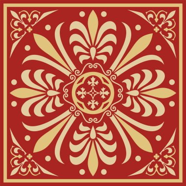 Kırmızı klasik Yunan kare süslemeli vektör altın. Antik Yunan ve Roma İmparatorluğu dikdörtgeni. Bizans duvarları, zemin ve tavan resimleri. Avrupa saraylarının dekorasyonu