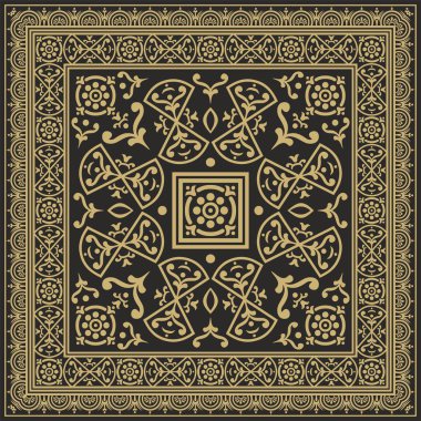 Siyah kenarlı, çerçeve, Pompei 'li vektör kare altın. Dikdörtgen Neopolitan süsü. Antik Roma Sanatı. Boyalı cam şablonu