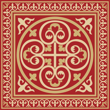 Vektör altın ve kırmızı kare klasik Bizans süsü. Dikdörtgen, sınır, Antik Yunan, Doğu Roma İmparatorluğu çerçevesi. Rus Ortodoks Kilisesi Dekorasyonu