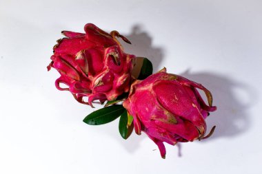 İki parlak kırmızı ejderha düzgünce dizilmiş, düz beyaz bir arkaplanda.