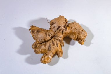 Bir parça zencefil, sade beyaz arka planda fotoğraflanmış.
