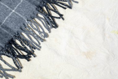 White and black crumpled blanket, texture, background, top view, and copy space