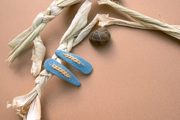 Two blue snap hair clips with embroidered pieces of wheat in beige color on solid beige background with dry leaves of corn and a snail shell. Concept of creative embroidery and harvest symbols.