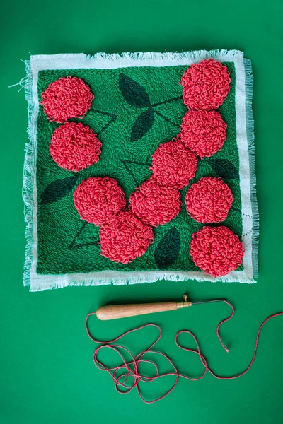 Fleurs Rouges Aiguille Poinçon Technique Broderie Sur Champ Vert Fait — Photo