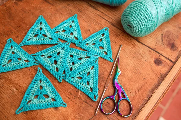 Closeup Crochet Instruments Hook Scissors Together Triangle Crochet Samples Skeins — Stock Photo, Image