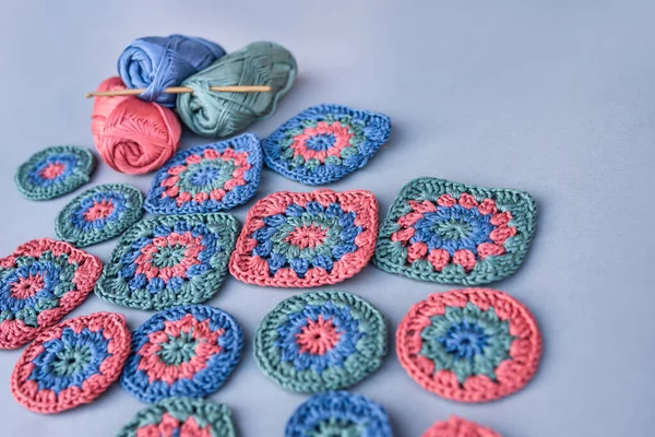 Variety Crochet Granny Squares Circles Red Blue Green Colors Three — Stock Photo, Image