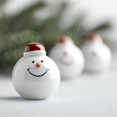 A cheerful snowman figurine with a red hat sits in front of a blurred background of evergreen branches, evoking a cozy winter atmosphere perfect for holiday decorations. clipart