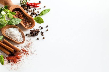 An assortment of vibrant spices and herbs displayed on a white background. Enhanced flavors with fresh ingredients like chili, mint, and cinnamon invite creativity in cooking. clipart