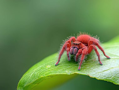 A vivid close-up of a red spider perched on a lush green leaf, showcasing its intricate details and the vibrant colors of nature. Perfect for nature enthusiasts and educational content. clipart