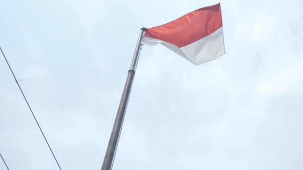 Ινδονησία Σημαία Που Φέρουν Στον Αέρα Εξωτερικούς Χώρους Μπλε Ουρανό — Αρχείο Βίντεο