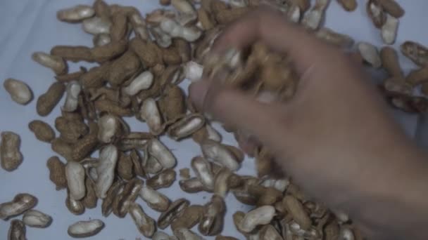 Videomaterial Die Hände Eines Asiaten Rühren Sanft Erdnussschalen Vor Einem — Stockvideo