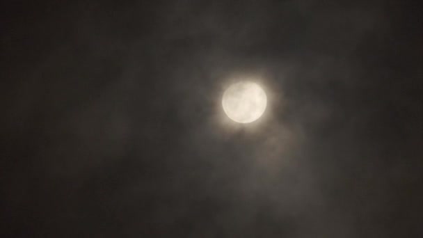 夜空中的满月被飘过的云彩遮掩了一部分 给这个场景增添了一种飘逸的质感 飘忽不定的薄雾创造了一种神秘和深沉的感觉 月亮的光芒在窥视 — 图库视频影像