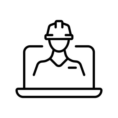 İnternet hattı ikonu üzerinde çalış. Web sitesi, platform, insanlar, çalışanlar, şirket. İş konsepti. Miğferli adam, ayar, vites. Yapılandırma konsepti. Beyaz arkaplanda vektör satırı simgesi