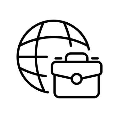 Evrak çantası çizgisi ikonlu dünya. İş toplantısı, sırt çantası, portföy, kariyer, ofis işi, evrak dolu bavul, golf sahası inşaatı, yönetim. Beyaz arkaplanda vektör satırı simgesi