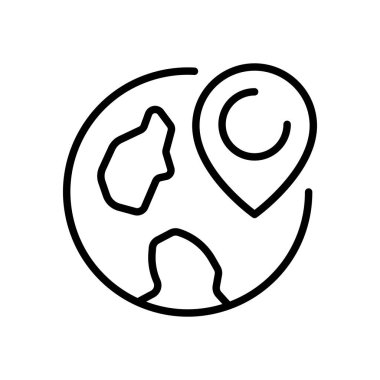 Konum işaretleri çizgisi simgesi olan gezegen. Varış yeri, rota, harita, seyahat, turizm, iş gezisi, dünya, navigasyon ekipmanları, yer belirleme, GPS. Coğrafya kavramı.