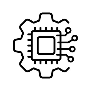 Sinir ağı simgesi olan elektronik çip. İşlemci, merkezi işlem birimi, cihaz, ana kart, basılı devre kartı, bilgisayar. Teknoloji konsepti. Beyaz arkaplanda vektör satırı simgesi