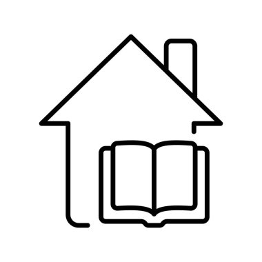 Açık kitap satırı simgesi olan ev. Edebiyat, üniversite, web sitesi, kütüphane, kitap, ders kitabı, uzak öğrenim, öğrenci, konferans, çift, sözlük. Öğrenme konsepti. Beyaz arkaplanda vektör satırı simgesi