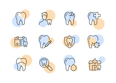 Diş hekimliği simgesi belirlendi. diş, diş minesi, beyaz gülümseme, diş yapısı, kök, kene, büyüteç, planlanmış muayene, klinik, haç, hap, kokain, bez, beyazlatma. Stomatoloji. Vektör satırı simgesi