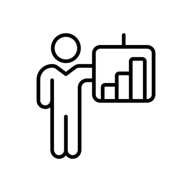 İstatistiksel çizelgesi olan adam. Diyagram, analiz, izleyici analizi, bar, pasta, çizelge, büyüme, ok yukarı, görsel yardım, iş. Bilgi konsepti. Beyaz arkaplanda vektör satırı simgesi