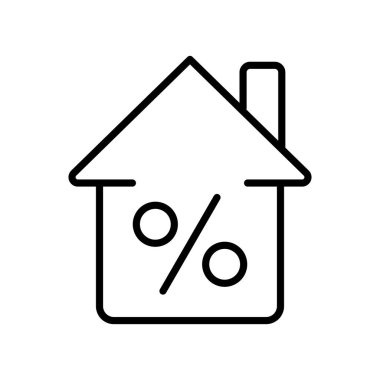 Ev satışı ikonu. Yüzde, yüzde indirimli dolarla bir ev satın almak. Ev, dolar, yüzde işareti. Yüzde kavramı. Beyaz arkaplanda vektör satırı simgesi