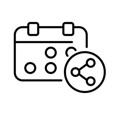 Paylaşım düğmesi simgesi olan takvimler. Vektör çizimi. Planlama, 12 ay, 12 ay, program, iş planı, iş. Zaman yönetimi konsepti. Beyaz arkaplanda vektör satırı simgesi