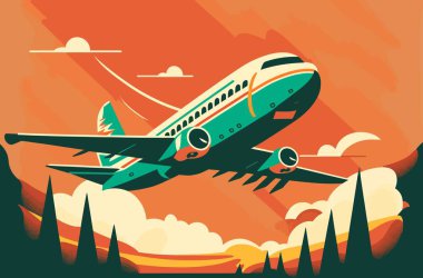 Airplane on the background of the forest. Stylized, trees, beautiful combination of colors, nature, passengers, poster, wallpaper, airline, travel, vacation. artistic concept. vector illustration.