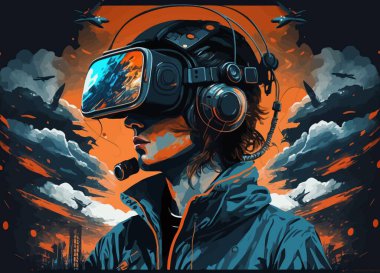 Run away from reality. Digital art, virtual world, science, graphics, future, technology, VR glasses, colorful, metaverse, space, planets, augmented reality. fantasy concept. vector illustration.
