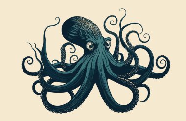 Octopus illustration. Light background, bright, kraken, cartoon, nature, research, legends, blue, logo, wallpaper, poster, cute, tentacles.Design concept. Vector illustration.