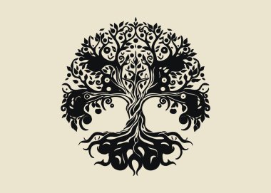 Yaşam ağacı logosu. Güzel, düz, poster, kök, din, yeşillik, dallar, soyutlama, doğa, bilgelik, bahar, minimalizm, fantezi, mitoloji, meşe, doğa. Yaratıcılık konsepti. Vektör illüstrasyonu