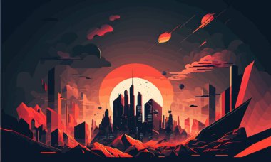 Stylish illustration of city view. Orange color palette, sunset, skyscrapers, utopia, city of the future, sky, rocks, unusual design, stylish, silhouette, skyline. Art concept. Vector illustration.