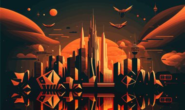 City of the future. Stylish wallpaper, orange color palette, skyscrapers, utopia, geometry, sky, technology, science, industry, infrastructure, sky, huge sun. Art concept. Vector illustration.