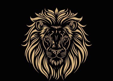 Stylish lion logo. Minimalism style, black background, golden color, thick mane, beautiful, style, wild, dangerous, face, look into the frame, cat,character. predators concept. Vector illustration