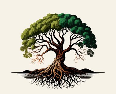 Kudretli Yaşam Ağacı. Yaşam, logo, ışık arka plan, ruhani, ayrıntılı, düz, doğa, meşe, dallar, fantezi, dijital, kök, yapraklar. Yaratıcılık konsepti. Vektör illüstrasyonu.