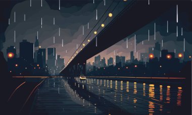 urban concrete bridge in rainy weather against the backdrop of the night city, poster, beautiful, stylish, night lights, traffic, weather,evening,puddle, house, road. Art concept. Vector illustration.