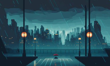 Night city in the rain. style, blue color scheme, pillar, lantern, umbrella, loneliness, state of mind, aesthetics, wallpaper, metropolis, design, infrastructure. Art concept. Vector illustration