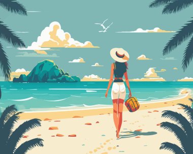 girl on the island. Beach, wallpaper, sun, horizon, sea, vacation, summer, rocks, stylized drawing, travel, clouds, tourism, palm leaves, scenic view. artistic concept. vector illustration.