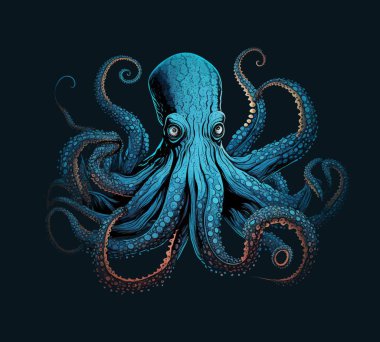Stylish image of an octopus. Secrets of the ocean, kraken, blue, mythology, explore, nature, tentacles, legends, vintage, depths of the mysterious ocean,monster. Design concept. vector illustration.