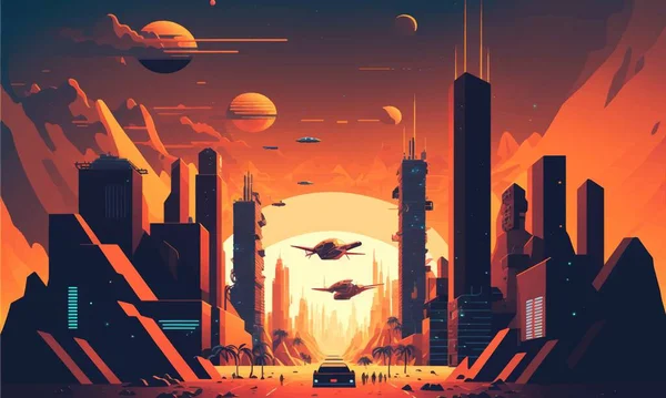 City of the future.beautiful wallpaper, aesthetics, orange color scheme, skyscrapers, utopia, cars, appliances, sky, technology, science, industry, infrastructure, sky.Art concept.Vector illustration