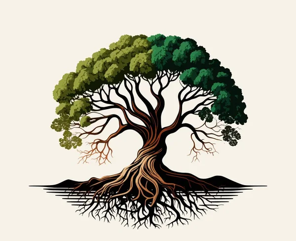 Mighty Tree of Life. Life, logo, light background, spiritual, detailed, flat, nature, oak, branches, fantasy, digital, root, leaves. Creativity concept. Vector illustration.
