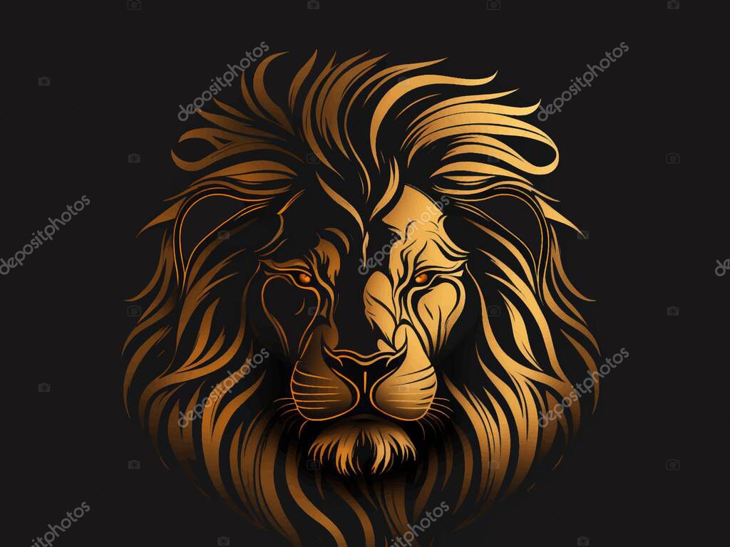 Lion stylized illustration. Symbol of the winner, leader, captain, boss, success, radiate confidence, brand, presentability, black background, golden mane. Predator concept. Vector illustration.