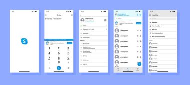 Skype sosyal medya modeli. Skype modeli. Skype ekran sosyal medya ve sosyal ağ arayüzü şablonunu ayarla. Sosyal ağlar arayüzü şablon uygulama ekranı. Skype video çağrıları.